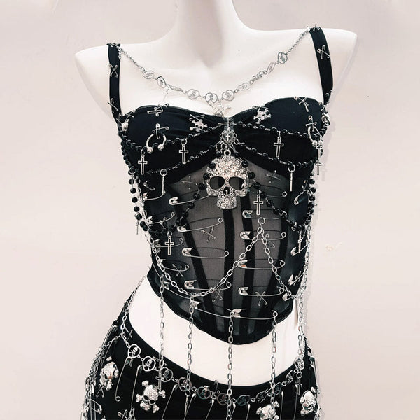 Metal chain skull applique corset cami top