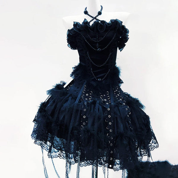 Beaded ruffle halter lace hem mini skirt set