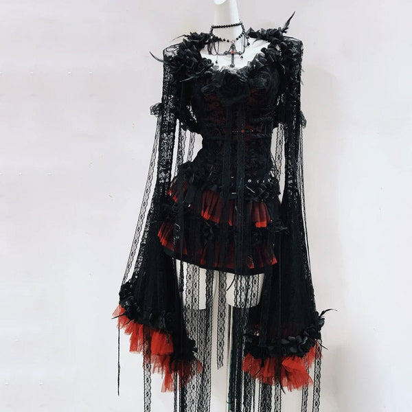 Long flared sleeve flower applique lace mini skirt set