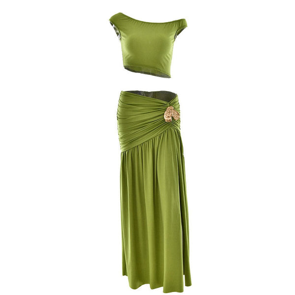 Ruched high slit irregular solid maxi skirt set