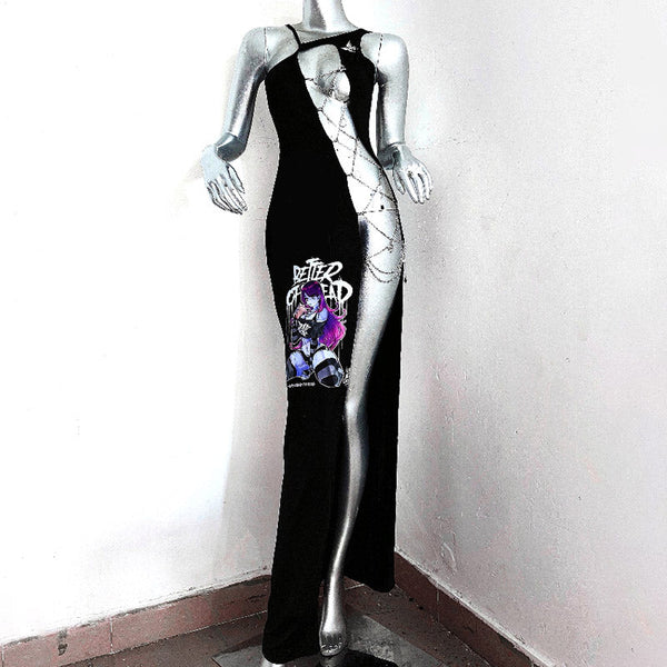 Irregular metal chain portrait pattern high slit maxi dress