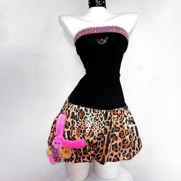 Leopard print beaded backless tube mini dress