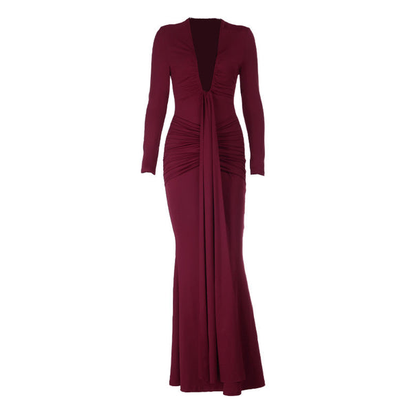 Long sleeve ruched v neck solid maxi dress