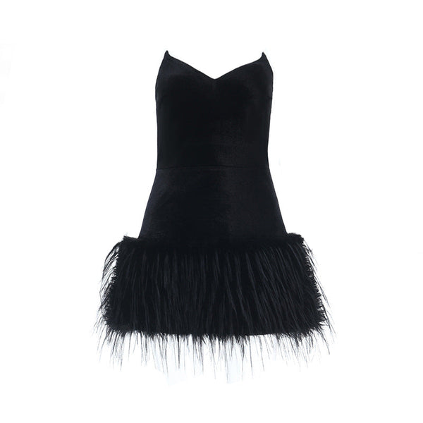 V neck fluffy velvet zip-up mini dress