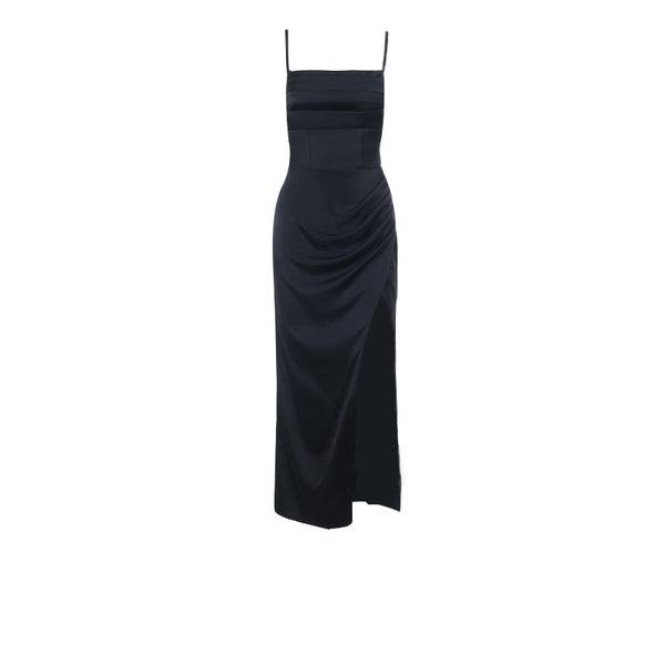 Square neck high slit ruched cami maxi dress