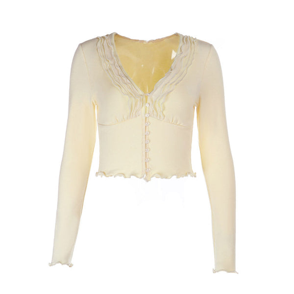 Long sleeve ruffle v neck button solid top