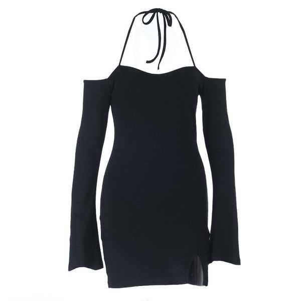 Halter self tie long sleeve off shoulder mini dress