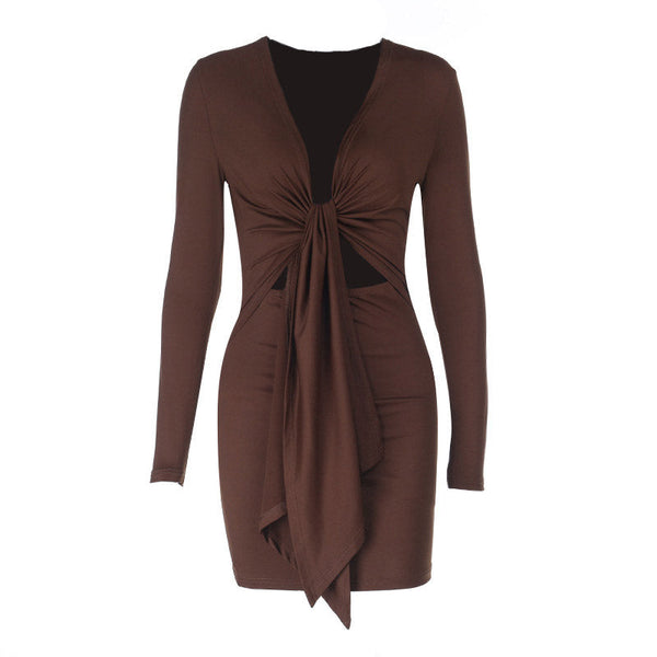 Long sleeve v neck hollow out ruched mini dress