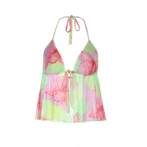 Self tie halter flower print backless top