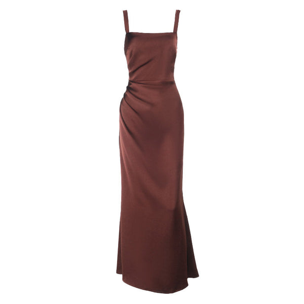 Square neck satin ruched zip-up cami maxi dress