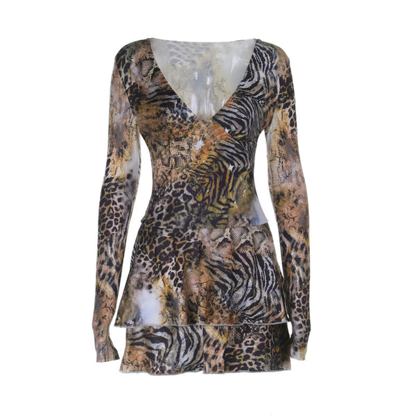 V neck ruffle long sleeve print mini dress