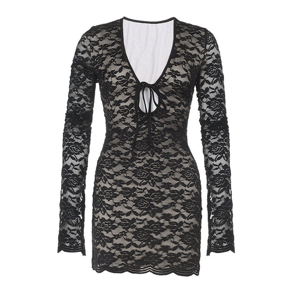 Long sleeve lace self tie hollow out mini dress