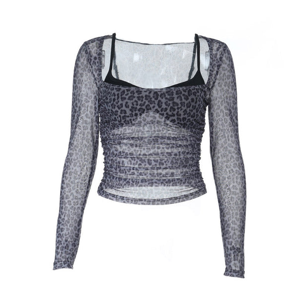 Leopard print long sleeve ruched u neck top