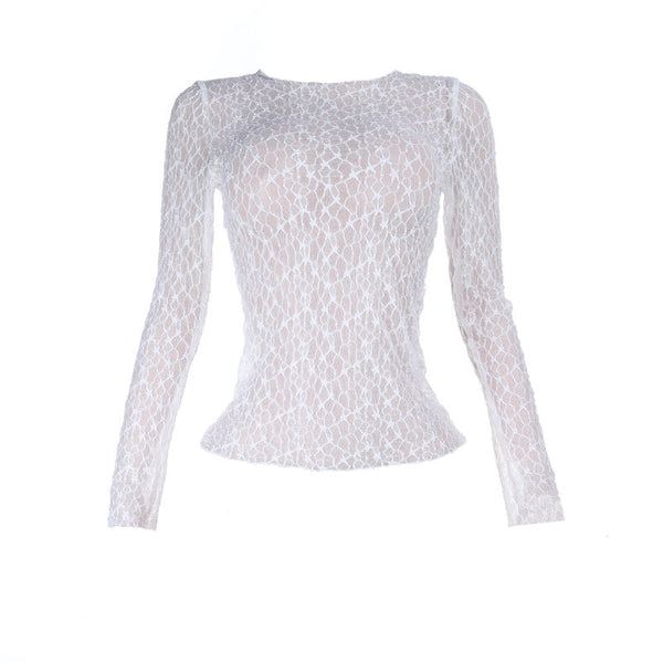Long sleeve lace crewneck see through top