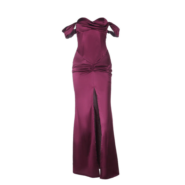 Off shoulder satin ruched zip-up slit maxi dress