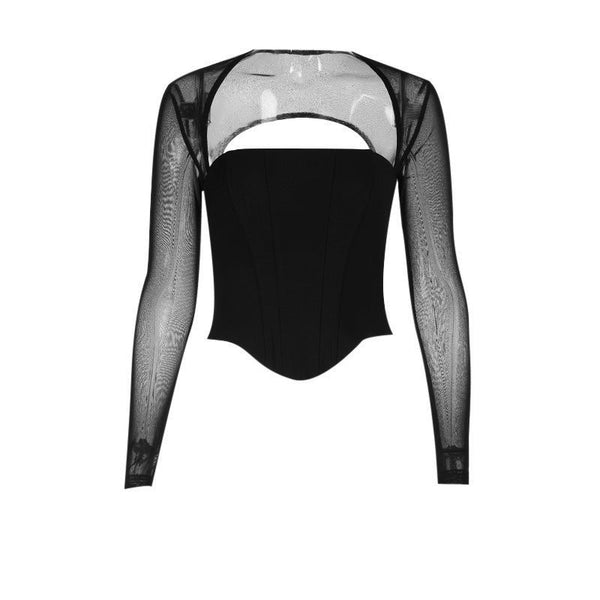 Long sleeve mesh square neck zip-up corset top