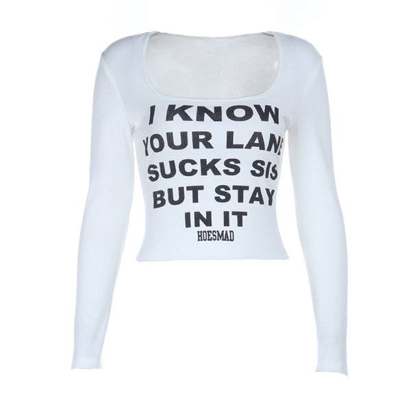 Square neck long sleeve letter pattern top