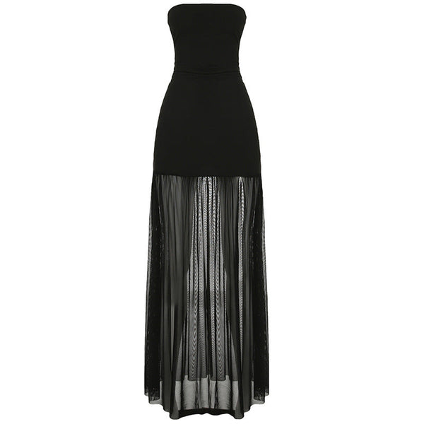 Slit mesh ruched backless tube maxi dress
