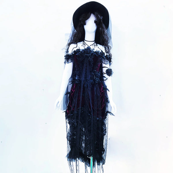 Off shoulder flower applique lace hem midi dress