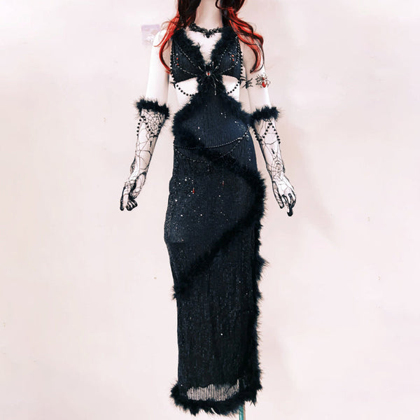 V neck fluffy spider applique hollow out maxi dress