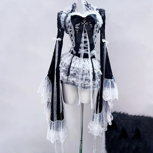 Long flared sleeve bowknot lace hem mini skirt set