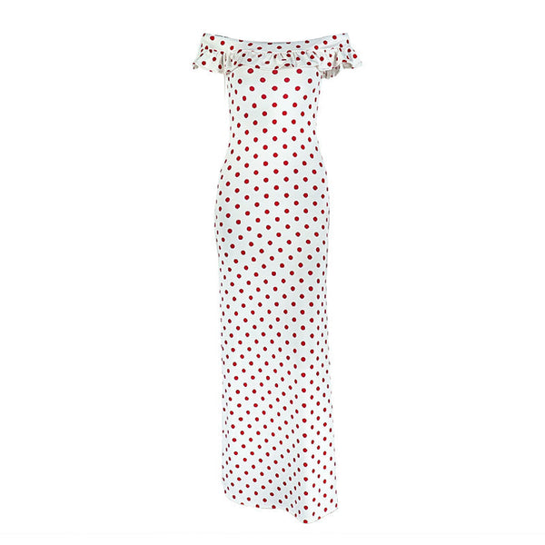 Off shoulder polka dot mesh maxi dress