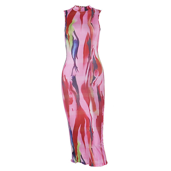 Sleeveless crewneck contrast print maxi dress