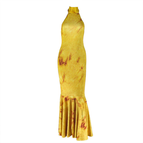 Halter high neck backless print maxi dress