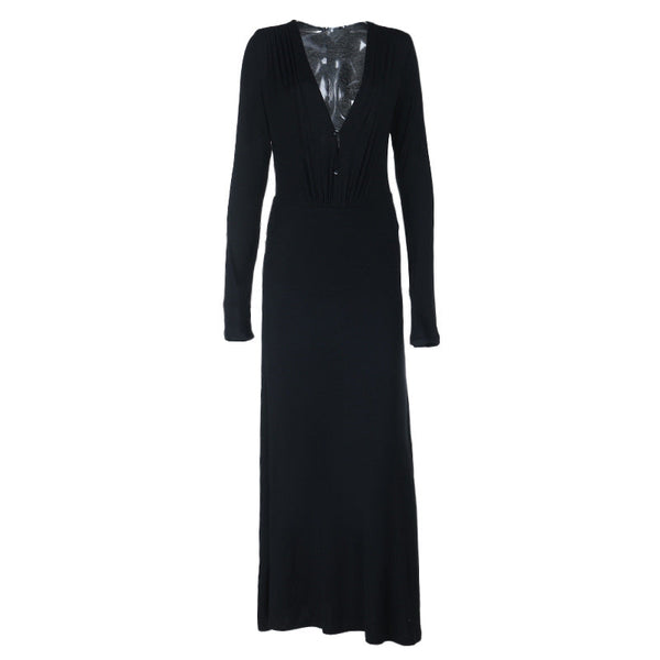 V neck long sleeve button ruched maxi dress