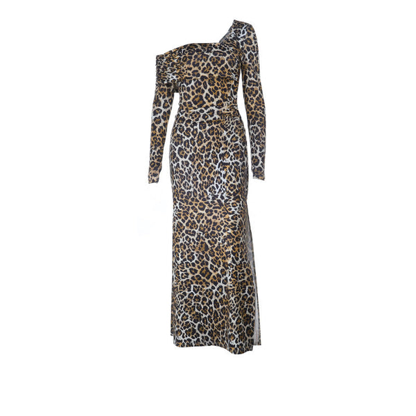 Leopard print one shoulder long sleeve slit maxi dress