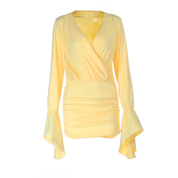 Long flared sleeve v neck ruched solid mini dress