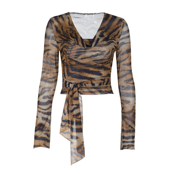 Leopard print long sleeve cowl neck self tie top