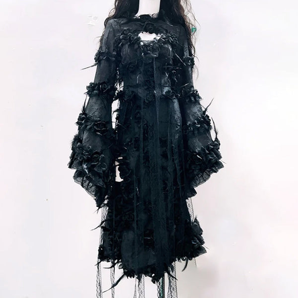 Lace hem long sleeve flower applique maxi dress