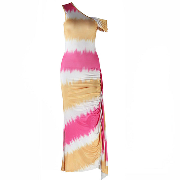 Ruched one shoulder print irregular maxi dress