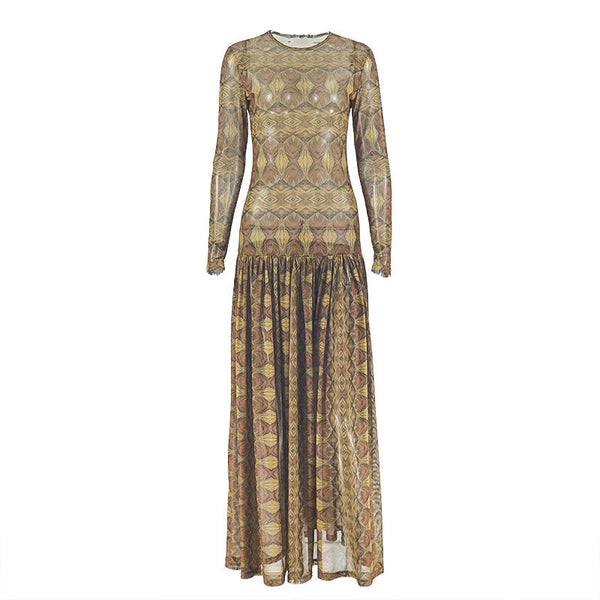 Mesh long sleeve crewneck print maxi dress