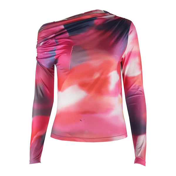 Long sleeve print irregular one shoulder top