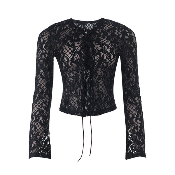 Long sleeve lace self tie solid crewneck top