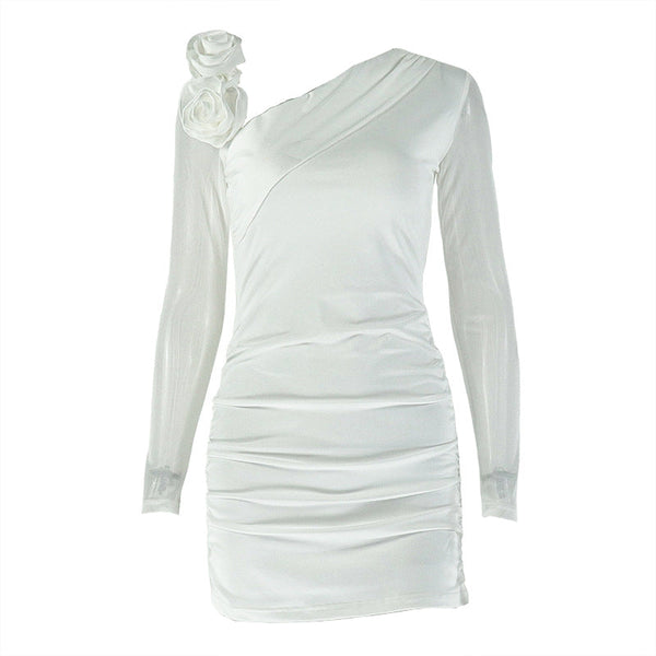 Long sleeve flower applique ruched mini dress