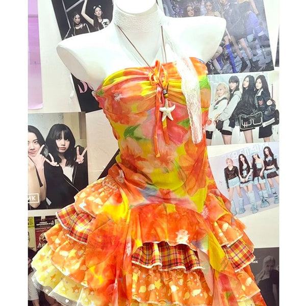 Halter contrast ruffle plaid patchwork mini skirt set