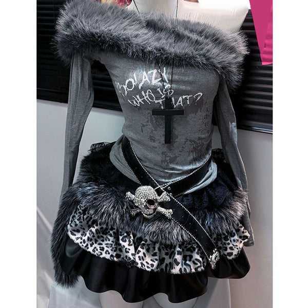 Off shoulder long sleeve fluffy letter print mini skirt set