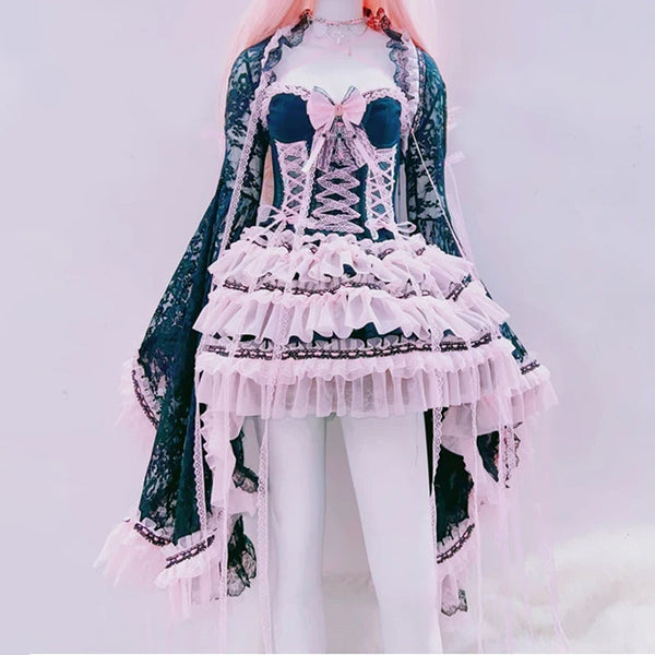 Ruffle bowknot long flared sleeve lace mini skirt set