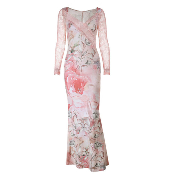 Long sleeve v neck lace hem flower print maxi dress