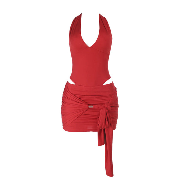 Self tie halter v neck ruched backless mini skirt set