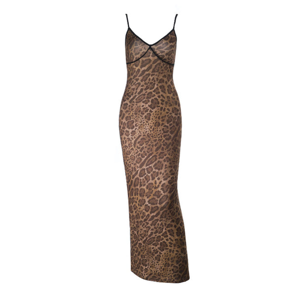 Leopard print v neck backless cami maxi dress