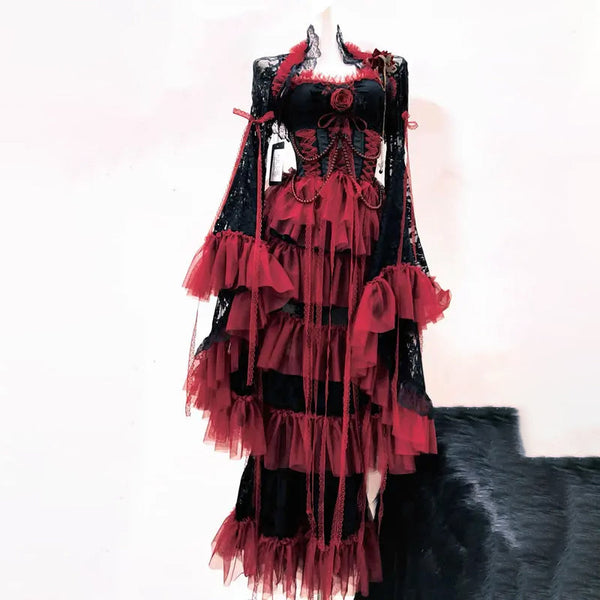 Lace long flared sleeve beaded flower applique maxi dress