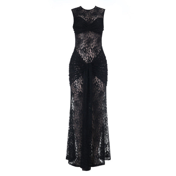 Crewneck sleeveless ruched lace maxi dress