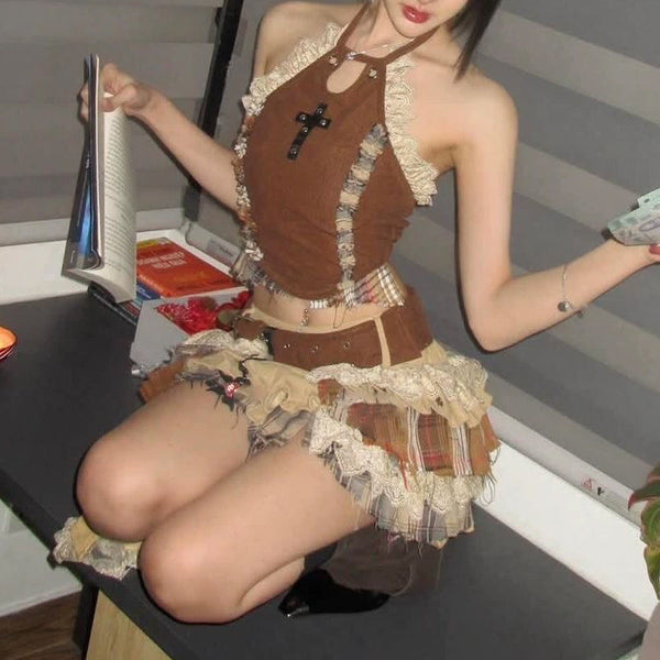 Lace hem hollow out irregular plaid mini skirt set