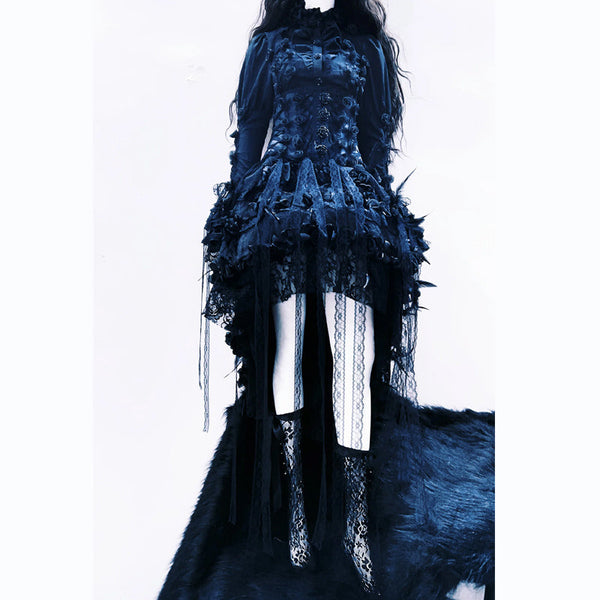 Long sleeve flower applique lace up lace hem mini dress