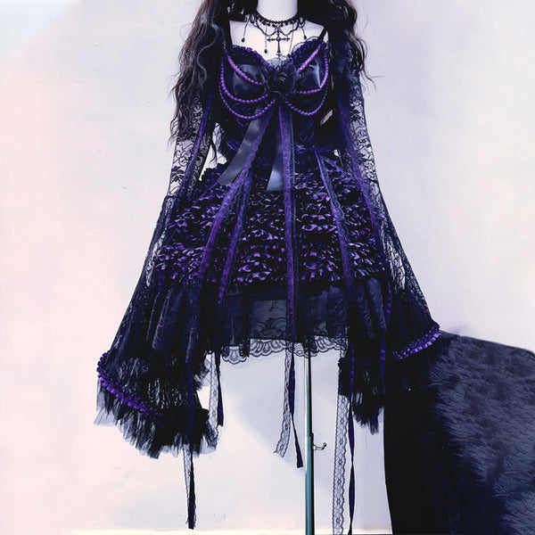 Long flared sleeve lace beaded ruffle cami midi skirt set