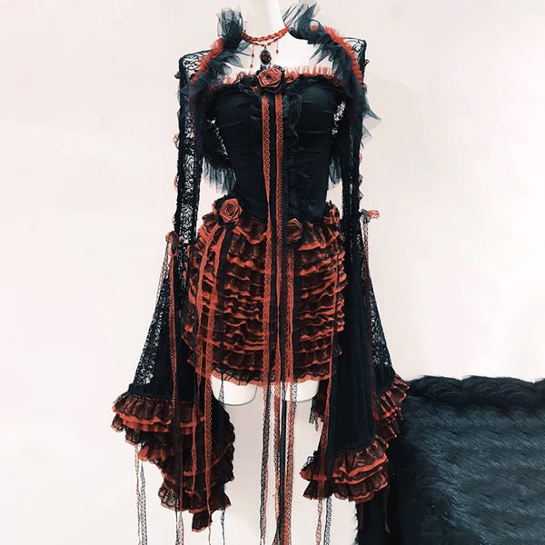 Ruffle long flared sleeve lace flower applique mini skirt set